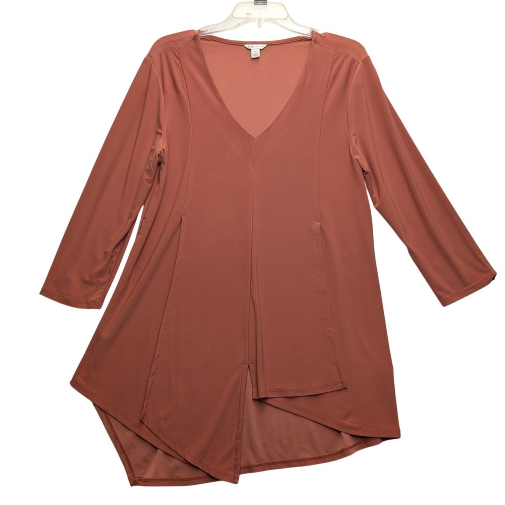 Cato Tunic Top Women Medium Rust Brown V-Neck Sharkbite Hem 3/4 Sleeve